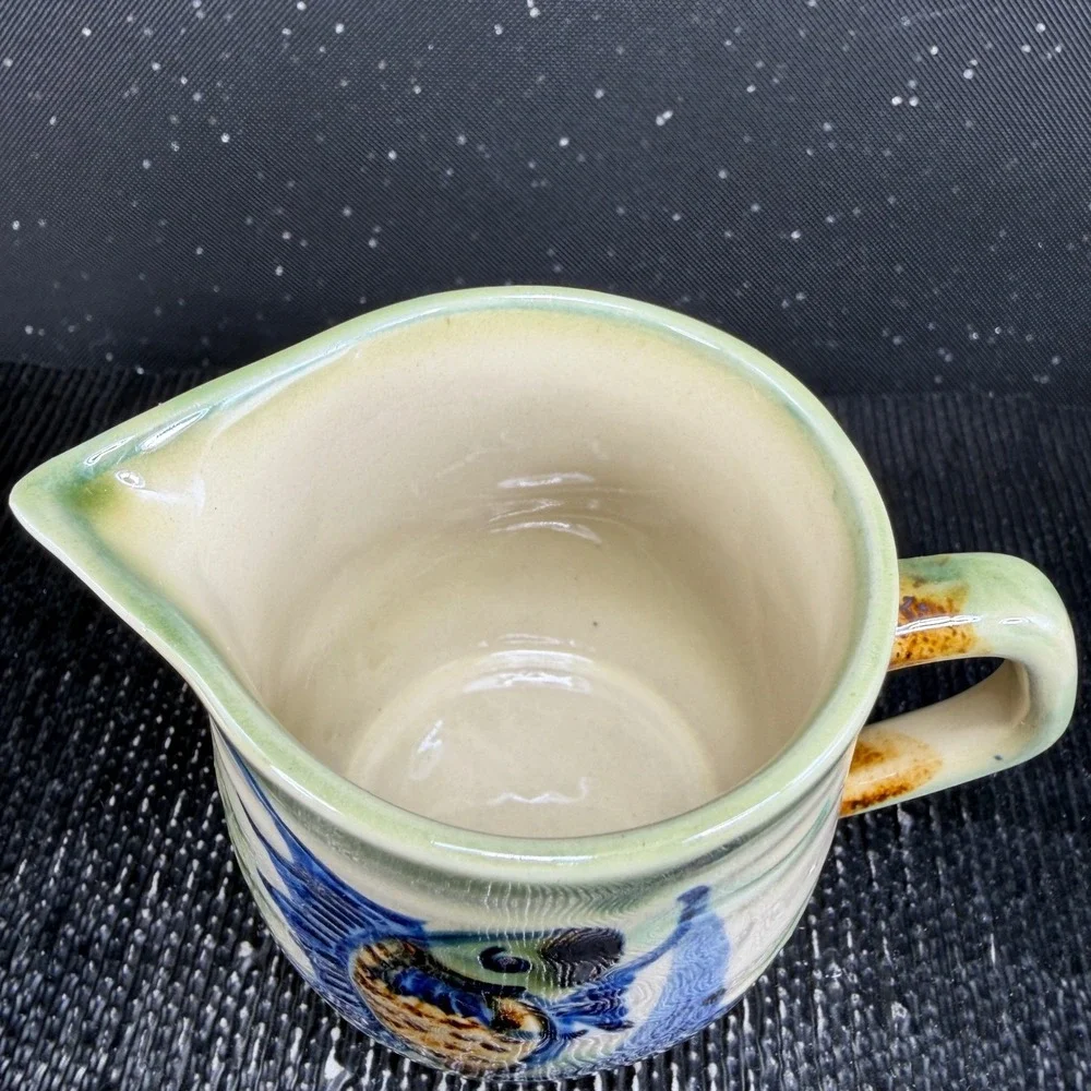 Tsuboya Ware Yachimun Japanese Pottery Creamer and Saucer Set Fish Design 3in